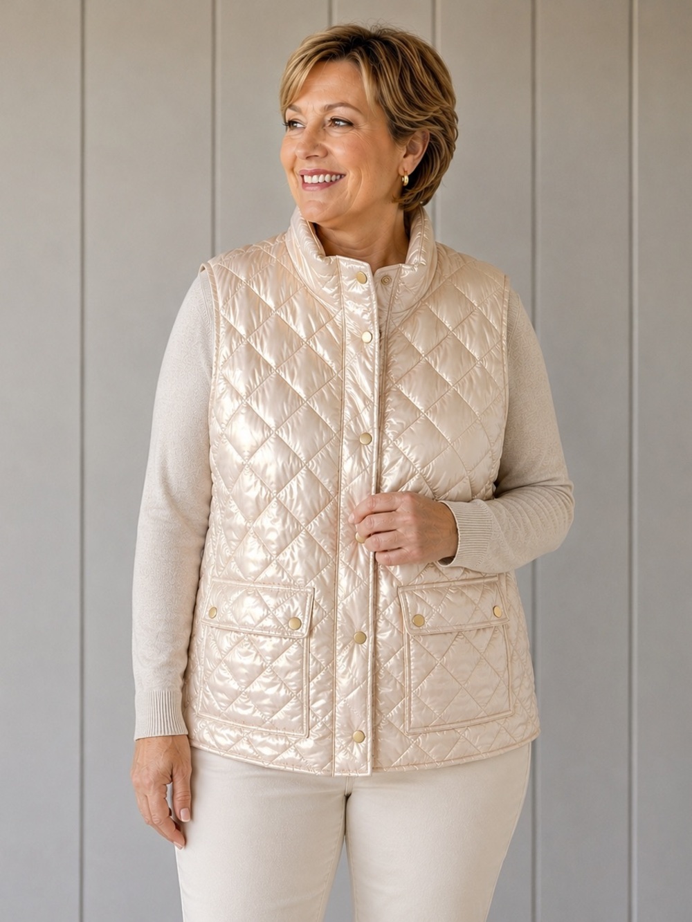 Talbots XL Pearlized Cream Ivory Quilted Down Vest NWT Gold Snap